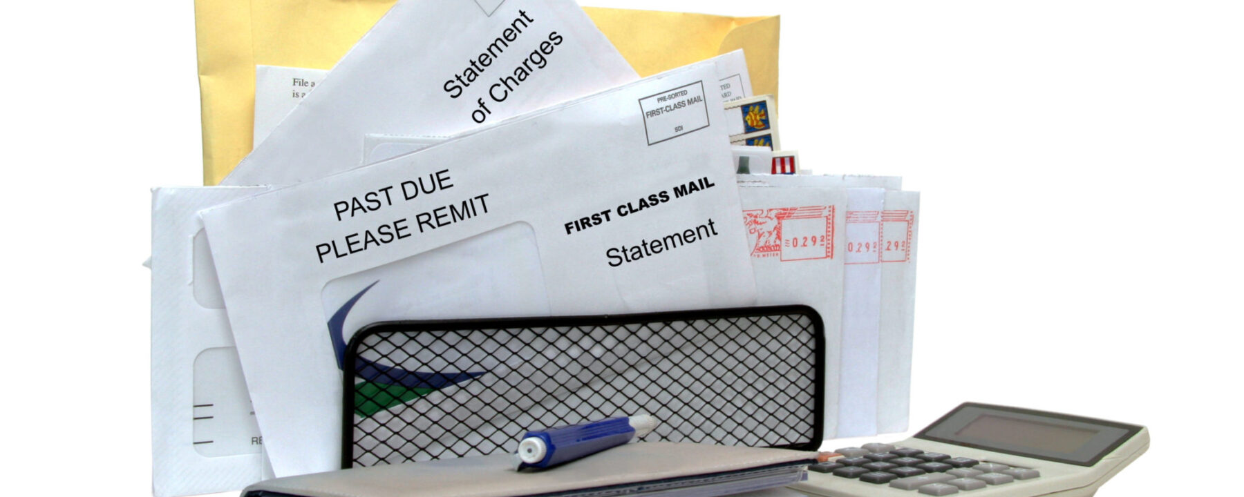 Monthly bills with checkbook and calculator